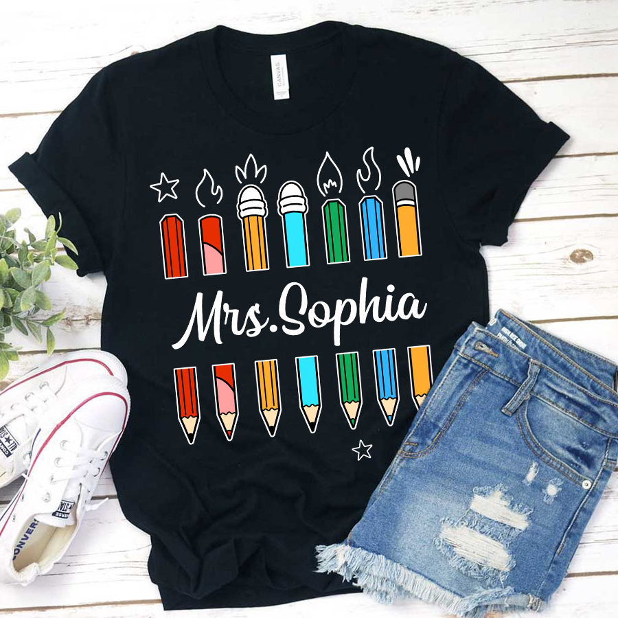 Personalized Colorful Pencil Teacher Name T-Shirt