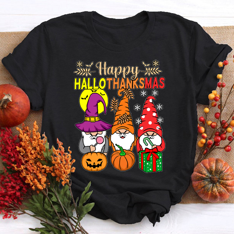 Gnomes Siblings Happy Hallothanksmas Teacher T-Shirt