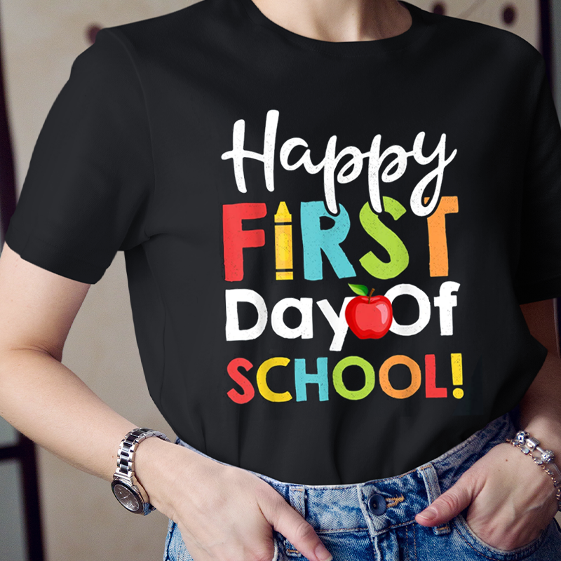 Happy First Day Of School Crayon And Apple T-Shirt