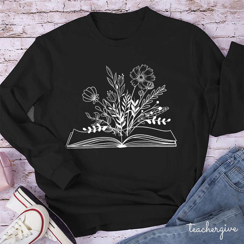 Flowers Book Teacher Long Sleeve T-Shirt