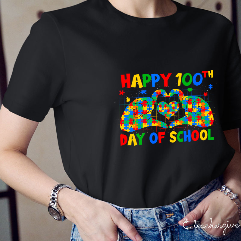 Happy 100th Day Of School Colorful Puzzles SLP Teacher T-Shirt