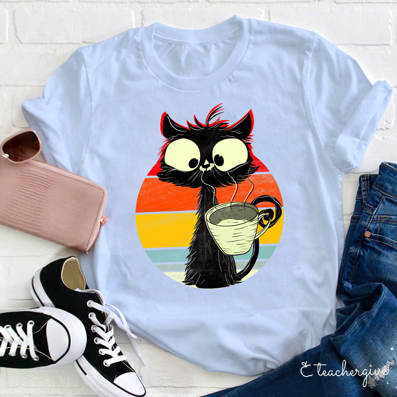 Cat Drinking Coffee Teacher T-Shirt
