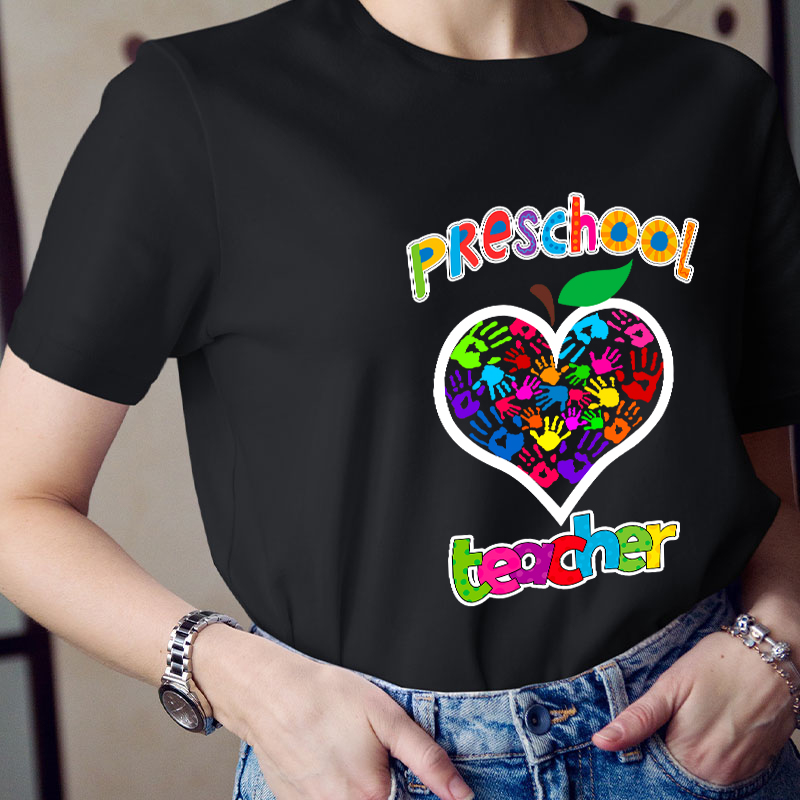 Personalized Colorful Little Hands Form A Love Heart Teacher T-Shirt