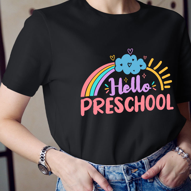 Personalized Colorful Cartoon Sunshine Rainbow And Clouds Teacher T-Shirt