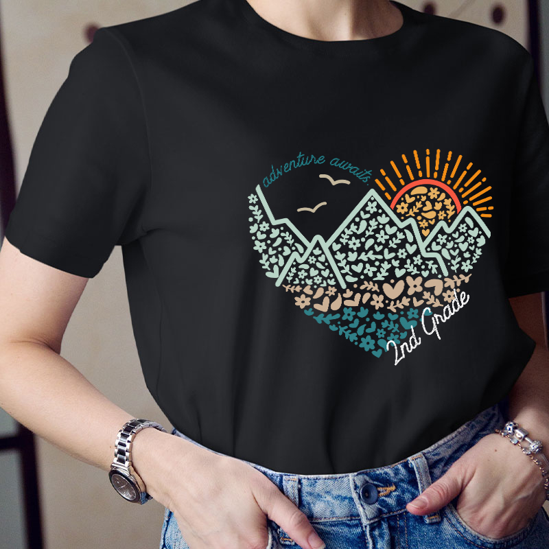 Personalized Grade Adventure Awaits Flower Mountain Sun Teacher T-Shirt