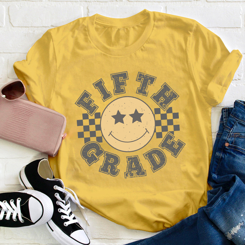 Personalized Grade Checkered Smiley Face Teacher T-Shirt