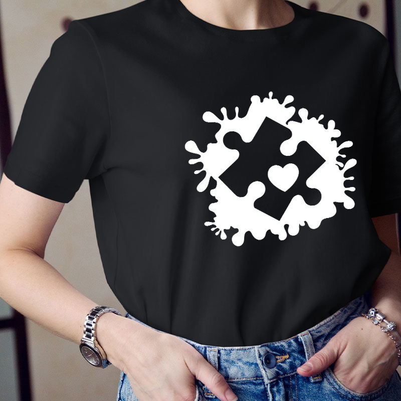 Puzzle Paint Splatter Autism Awareness Teacher T-Shirt