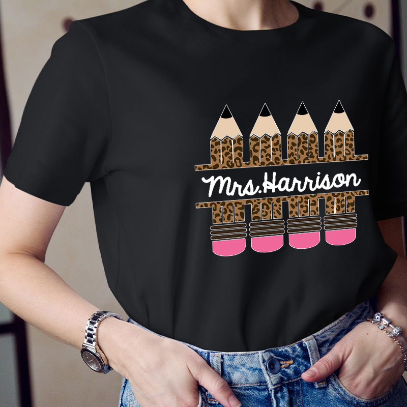 Personalized Name Pink Leopard Pencil Teacher T-Shirt
