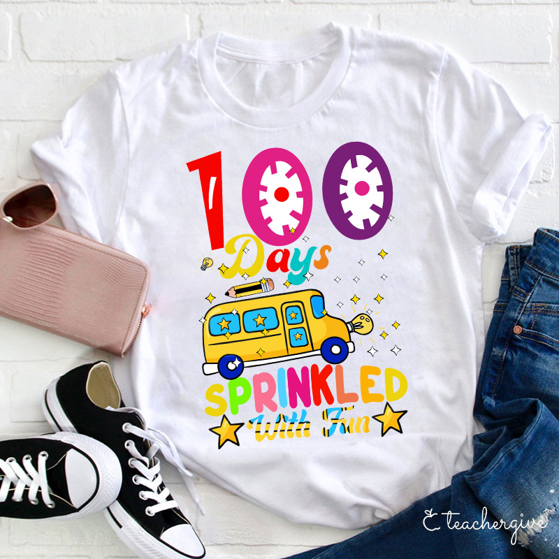 School Bus Pencil 100 Days Sprinkled With Fun Teacher T-Shirt