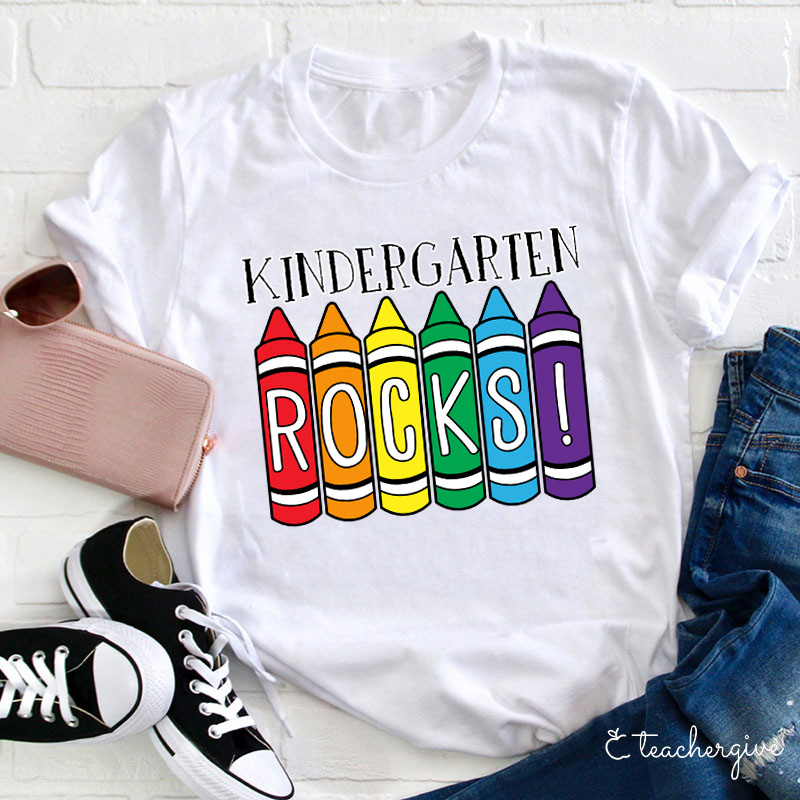 Personalized Grade Crayons Kindergarten Rocks Teacher T-Shirt