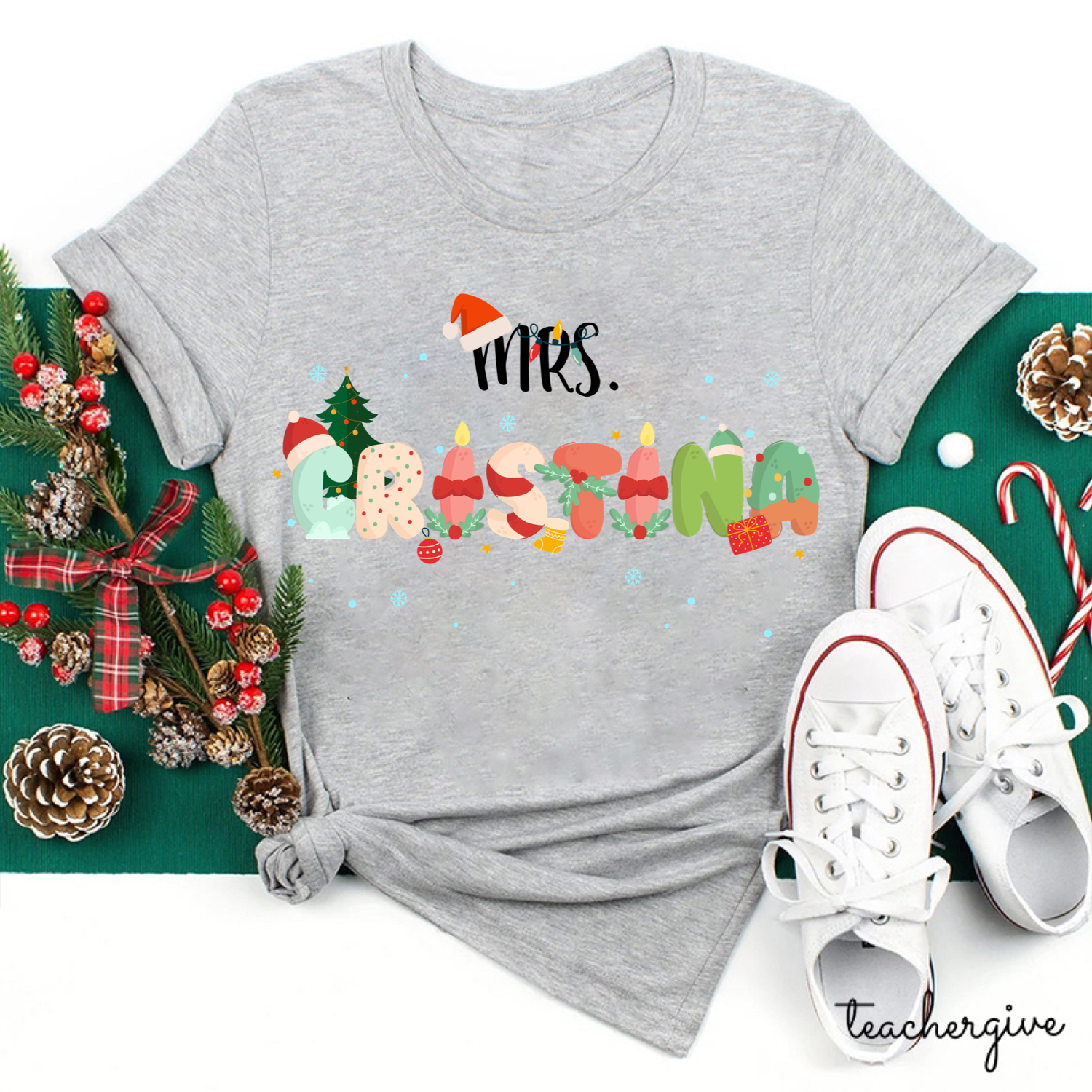 Personalized Name Christmas Cute Letter Teacher T-Shirt