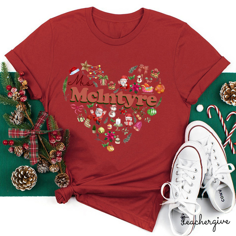 Personalized Christmas Love Heart Teacher T-Shirt