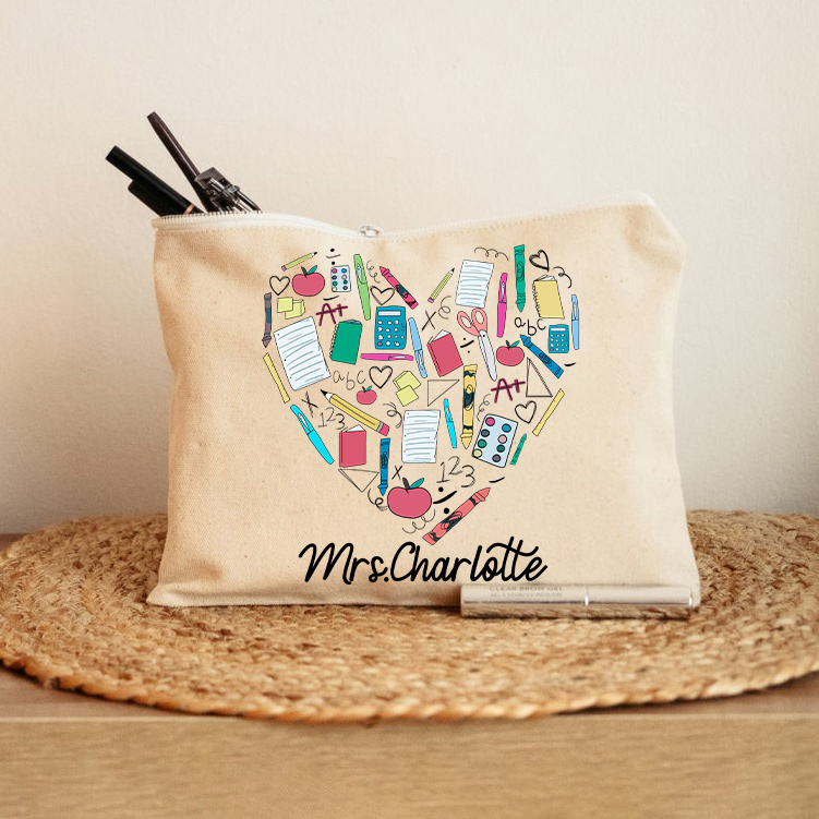Personalized Teacher Heart Makeup Bag