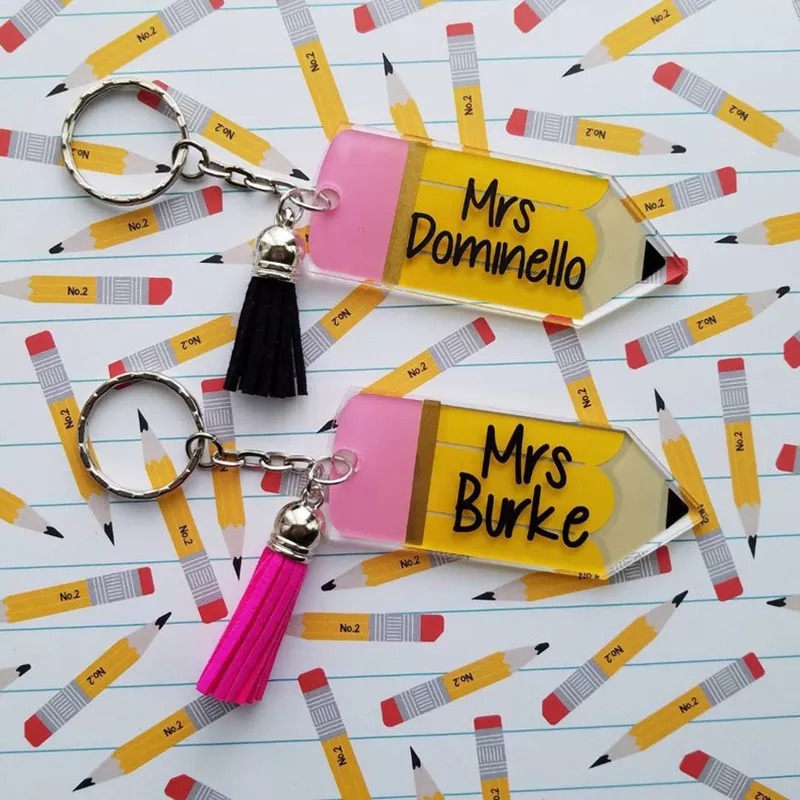 Personalized Teacher Acrylic Pencil Keychain With Tassel
