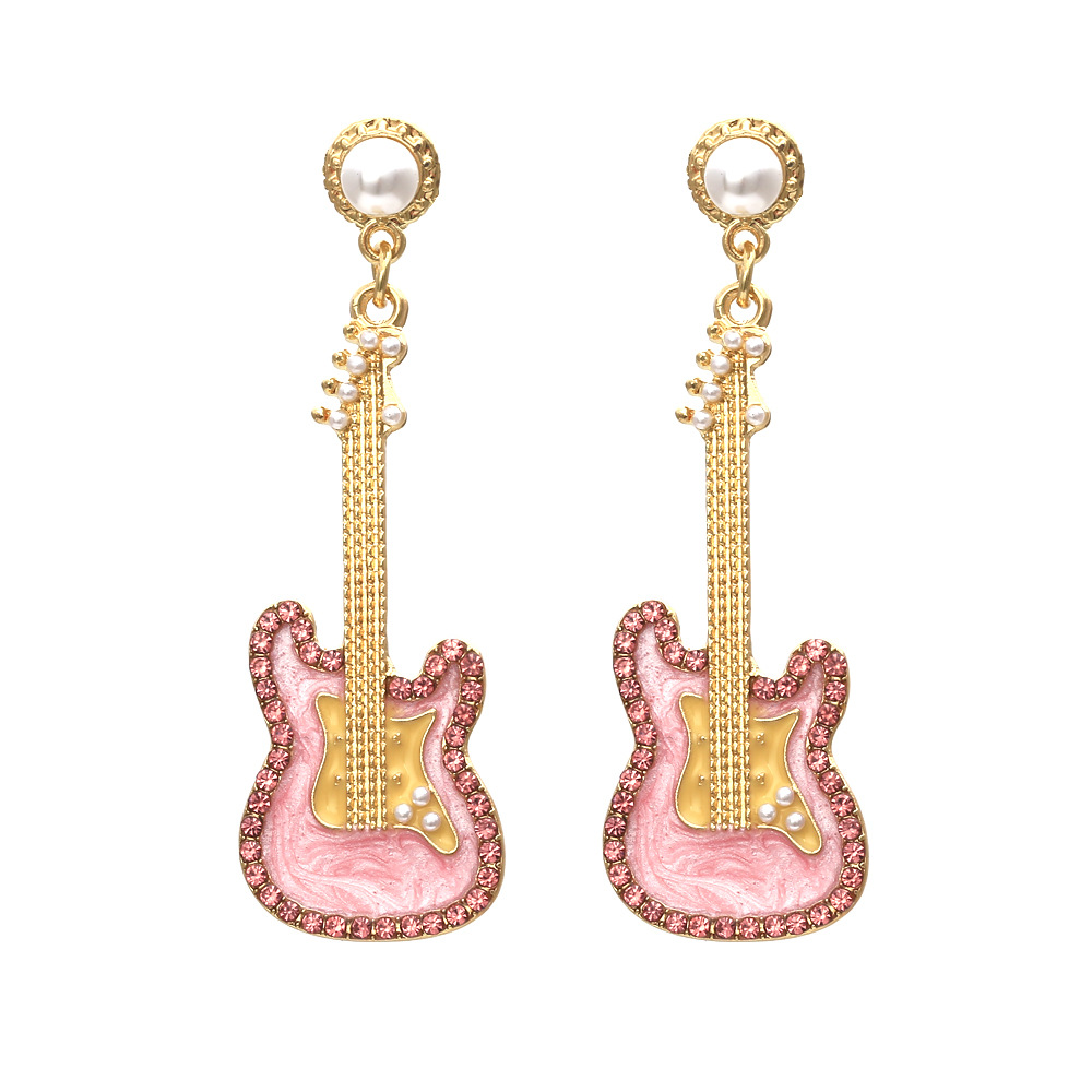 Pink Rhinestone Guitar   Metal Earrings