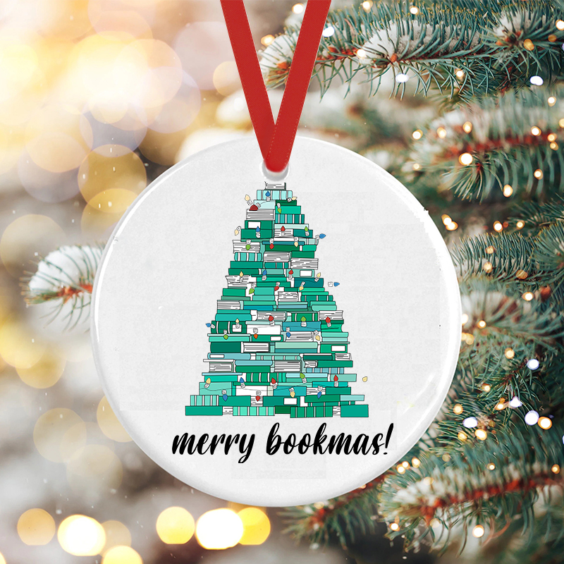 Merry Bookmas Teacher Ceramic Christmas Ornament