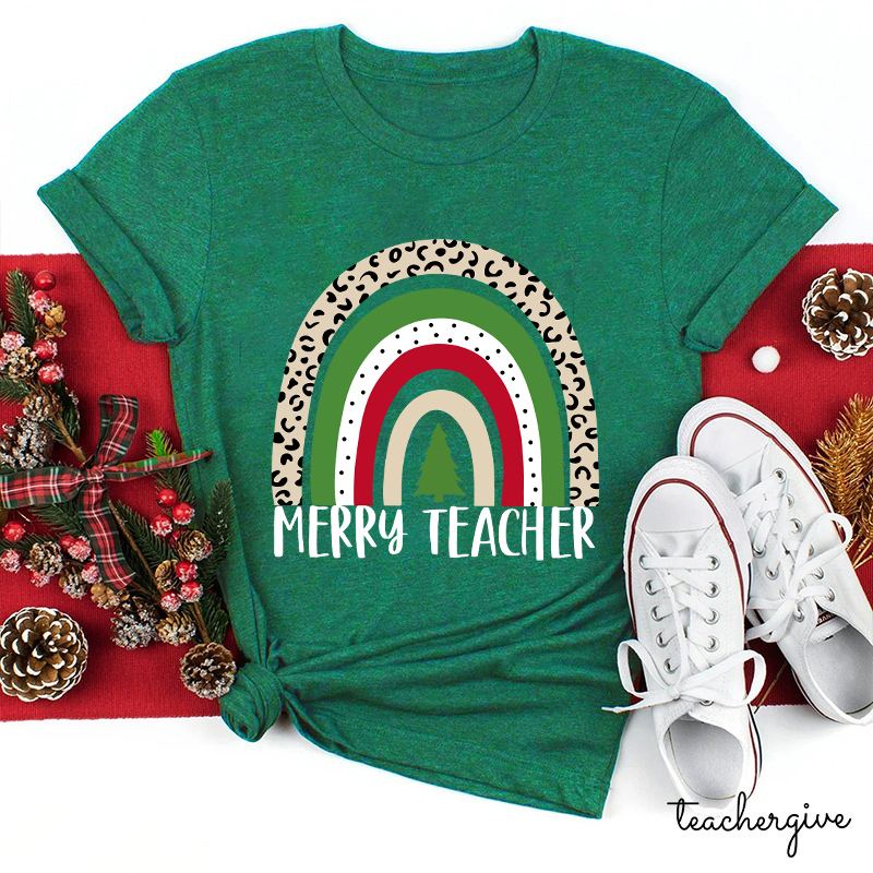 Merry Teacher Christmas Vibes Rainbow Teacher T-Shirt