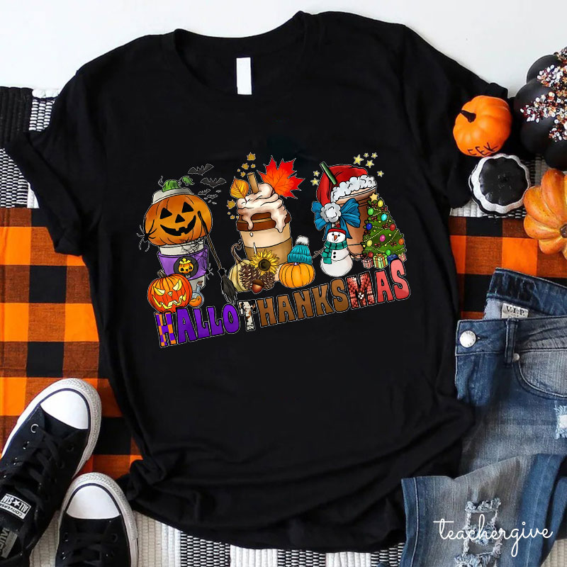 Hallothanksmas Pumpkin Spice Latte Teacher T-Shirt