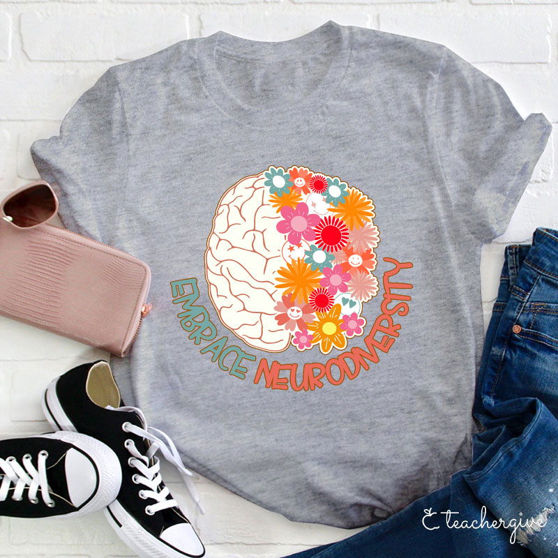 Embrace Neurodiversity Floral Brain Smile Faces Teacher T-Shirt