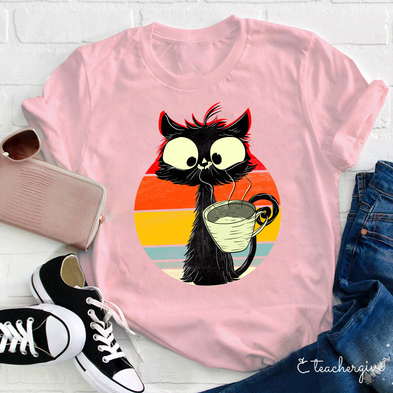 Cat Drinking Coffee Teacher T-Shirt