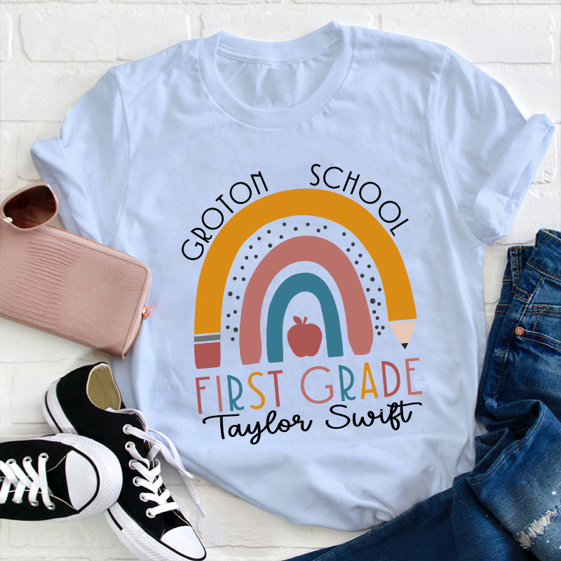 Personalized Name Rainbow Apple Teacher T-Shirt