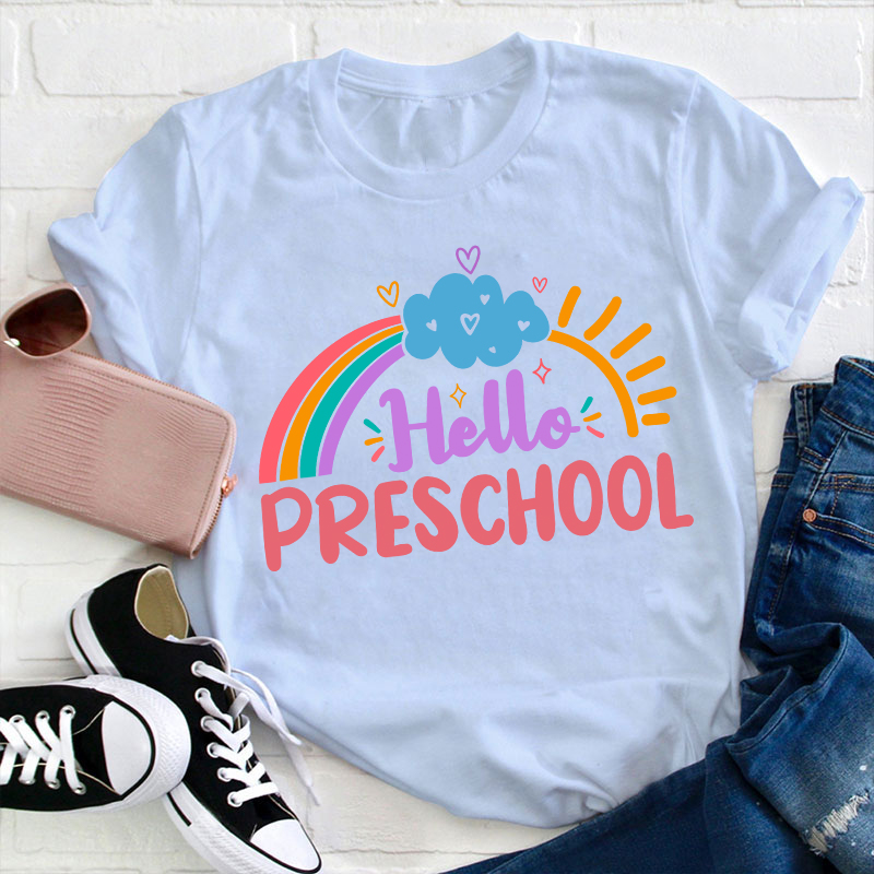 Personalized Colorful Cartoon Sunshine Rainbow And Clouds Teacher T-Shirt