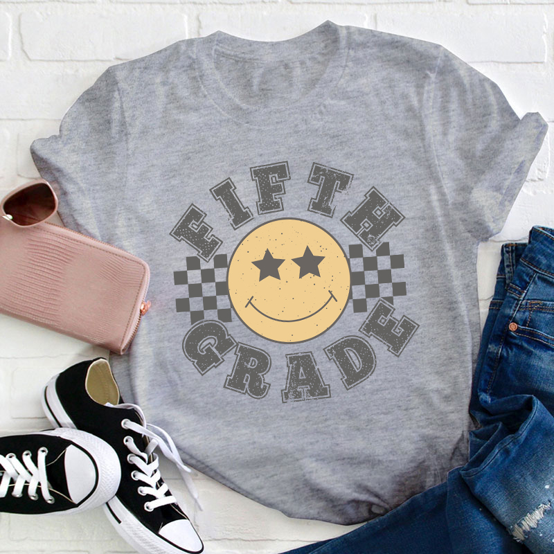 Personalized Grade Checkered Smiley Face Teacher T-Shirt