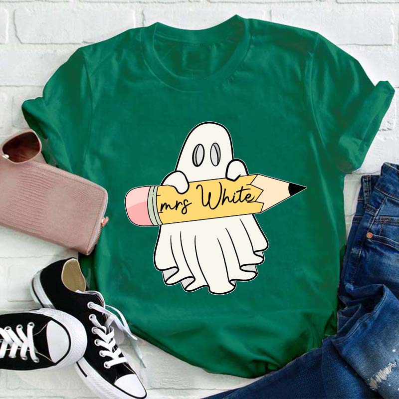 Personalized Name Halloween Ghost Holding A Pencil Teacher T-Shirt