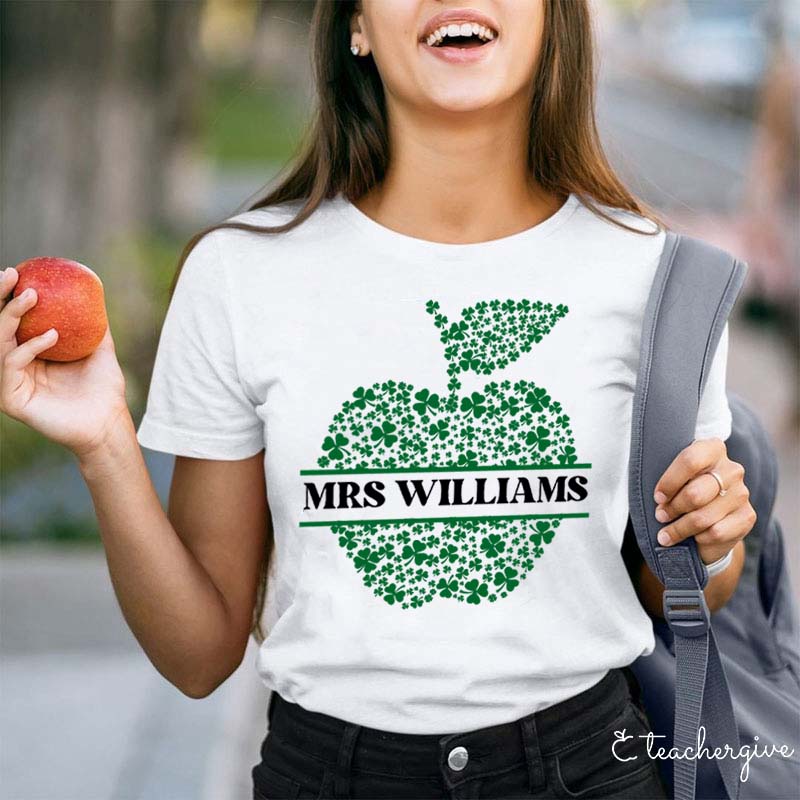 Personalized Name Apple-Shaped Clovers Teacher T-Shirt