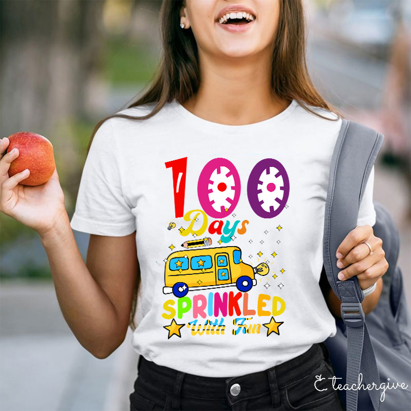 School Bus Pencil 100 Days Sprinkled With Fun Teacher T-Shirt