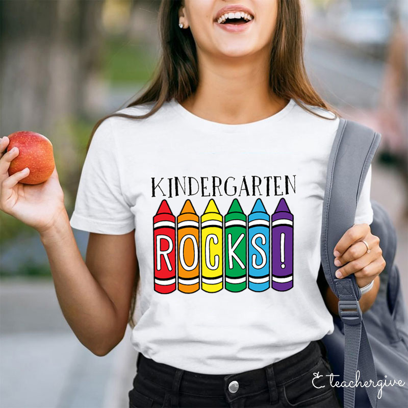 Personalized Grade Crayons Kindergarten Rocks Teacher T-Shirt