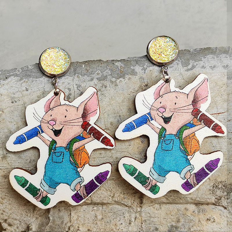 Cute Rat Holding Crayons Wooden Earrings