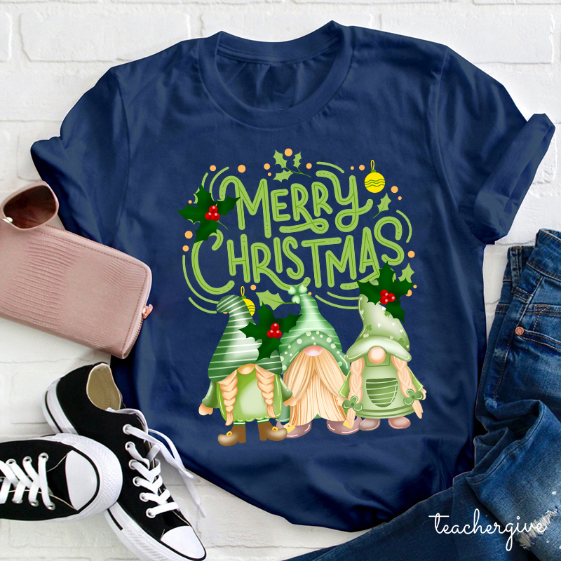 Merry Christmas Three Green Gnomes Teacher T-Shirt