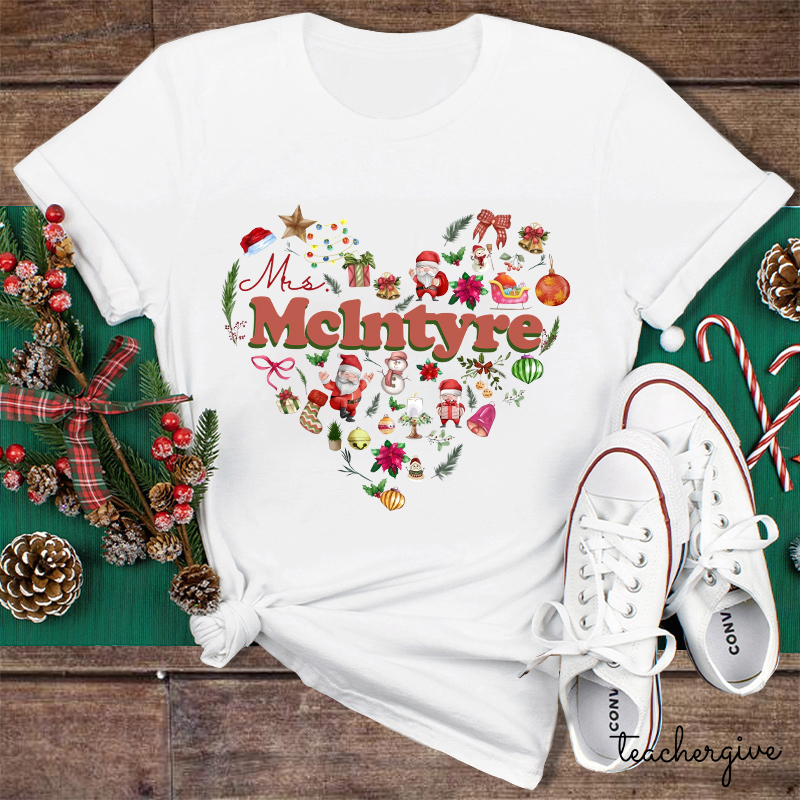 Personalized Christmas Love Heart Teacher T-Shirt