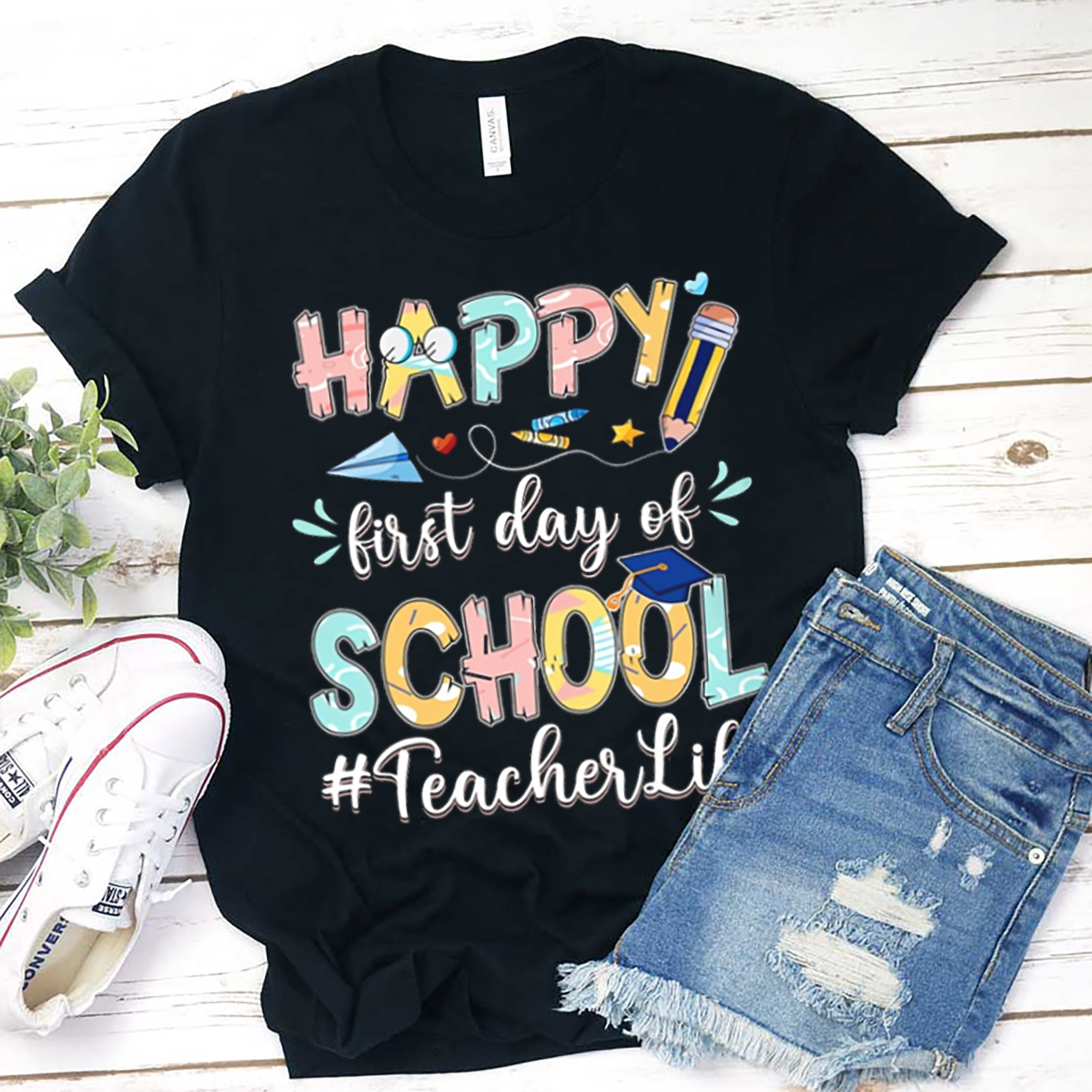 Stripes Happy First Day Of School  T-Shirt
