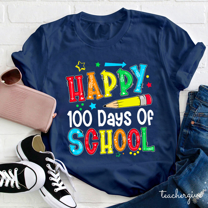 Pencil Happy 100 Days Of School Starry Teacher T-Shirt