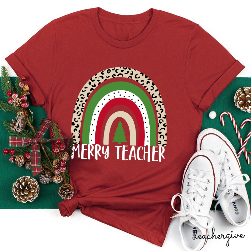 Merry Teacher Christmas Vibes Rainbow Teacher T-Shirt