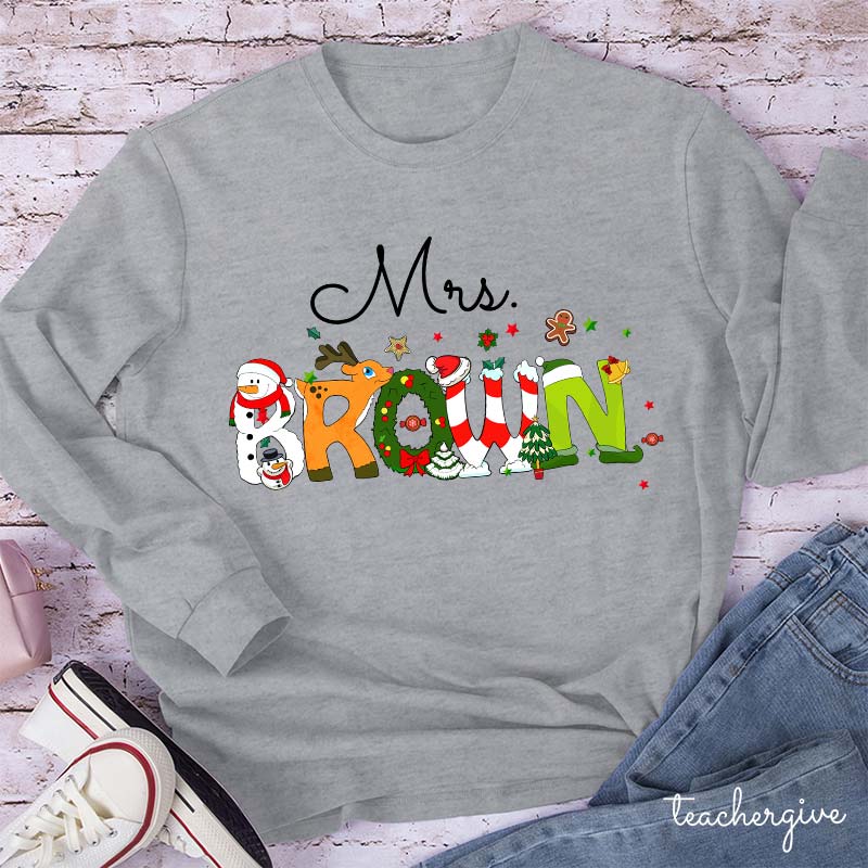 Personalized Christmas Style Long Sleeve Teacher T-Shirt
