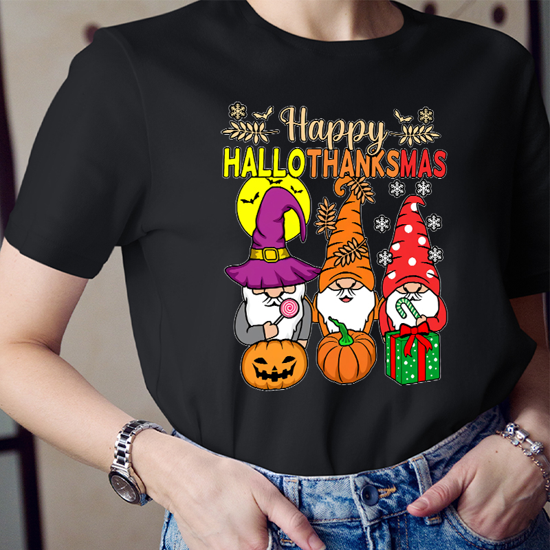 Gnomes Siblings Happy Hallothanksmas Teacher T-Shirt