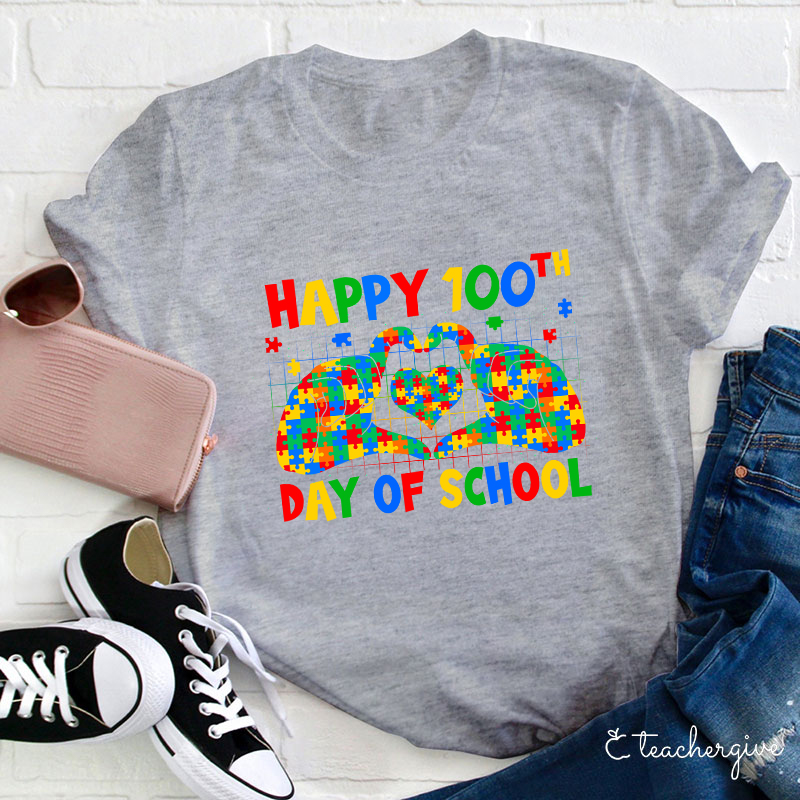 Happy 100th Day Of School Colorful Puzzles SLP Teacher T-Shirt