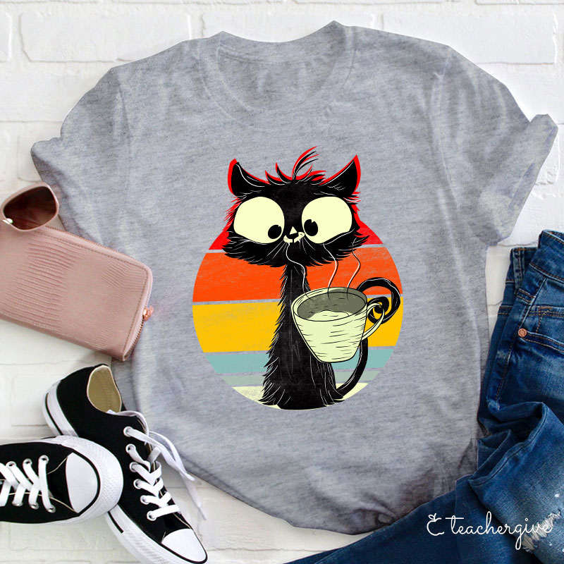 Cat Drinking Coffee Teacher T-Shirt