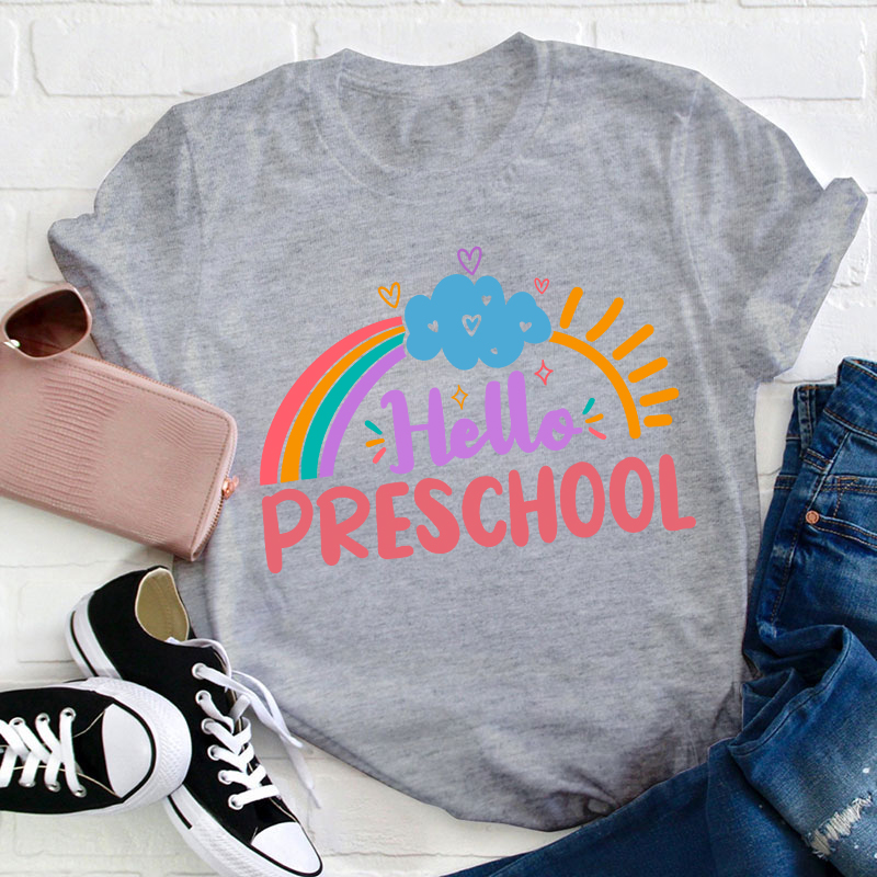 Personalized Colorful Cartoon Sunshine Rainbow And Clouds Teacher T-Shirt