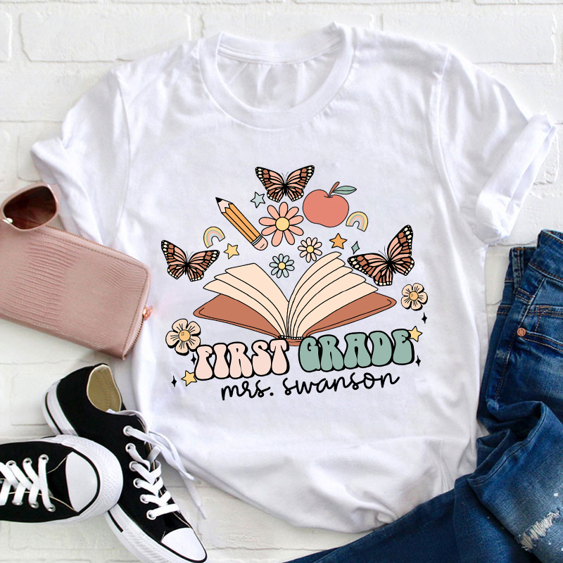 Personalized Name And Grade Books Flowers Butterflies Teacher T-Shirt