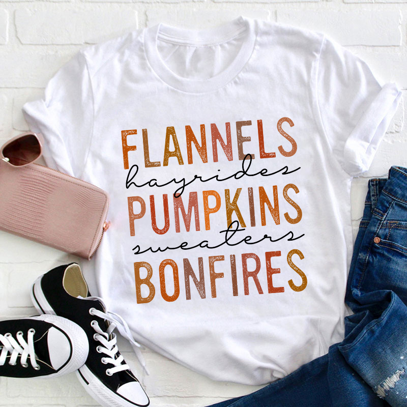 Flannels Pumpkins Bonfires Teacher T-Shirt