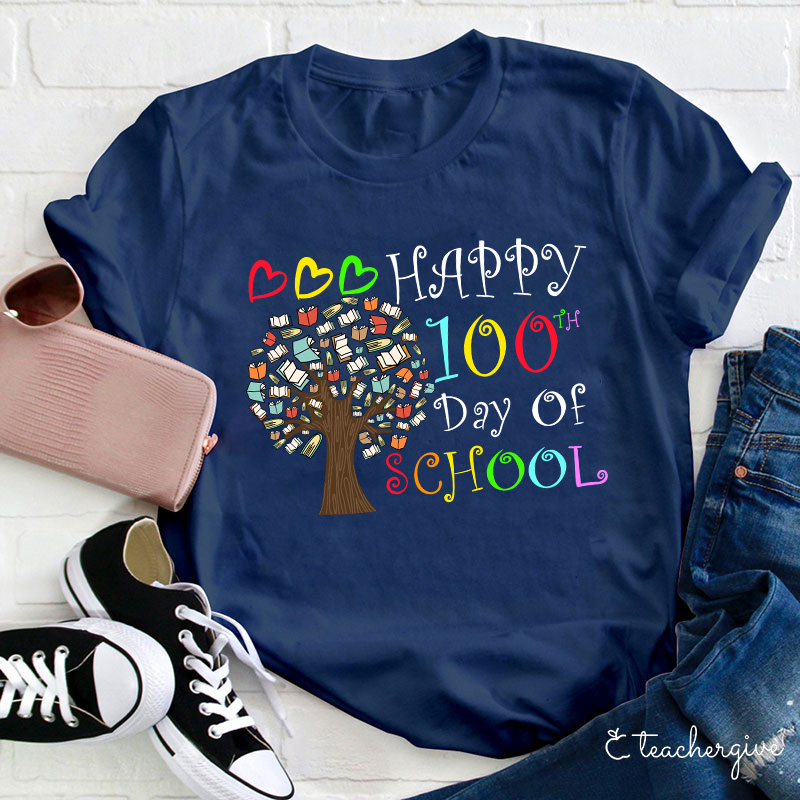Happy 100 Day Of School Book Tree Teacher T-Shirt