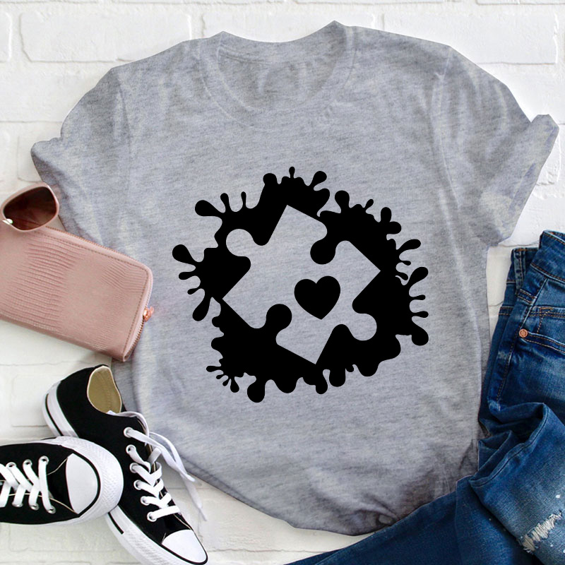 Puzzle Paint Splatter Autism Awareness Teacher T-Shirt