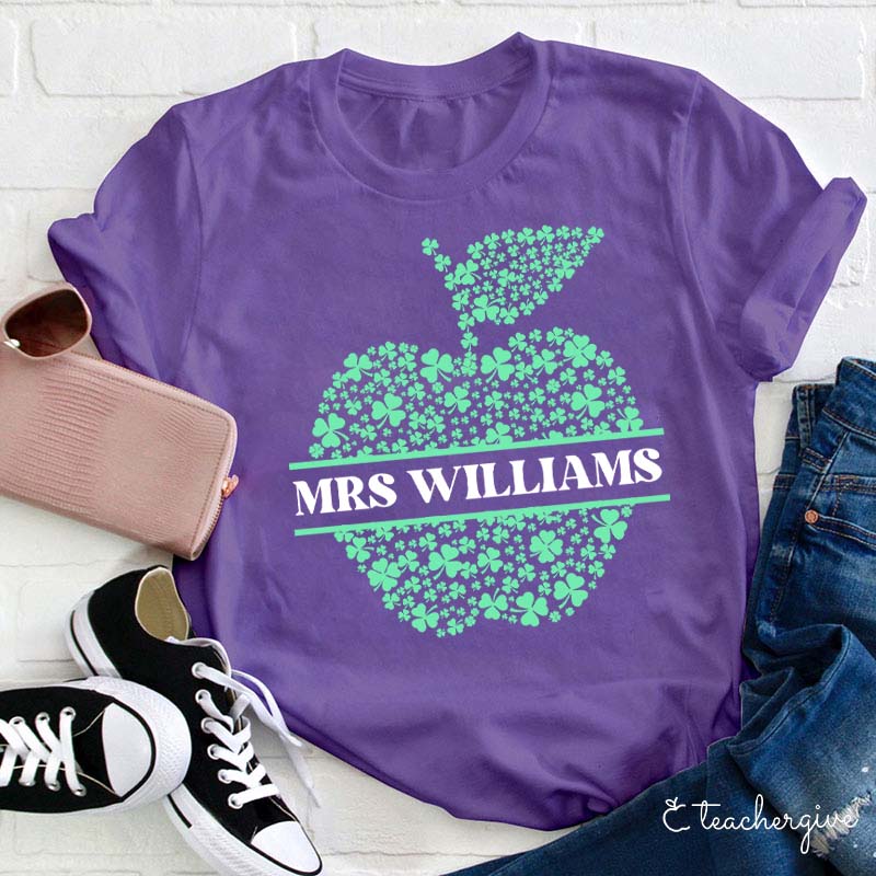 Personalized Name Apple-Shaped Clovers Teacher T-Shirt