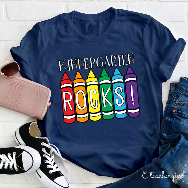 Personalized Grade Crayons Kindergarten Rocks Teacher T-Shirt