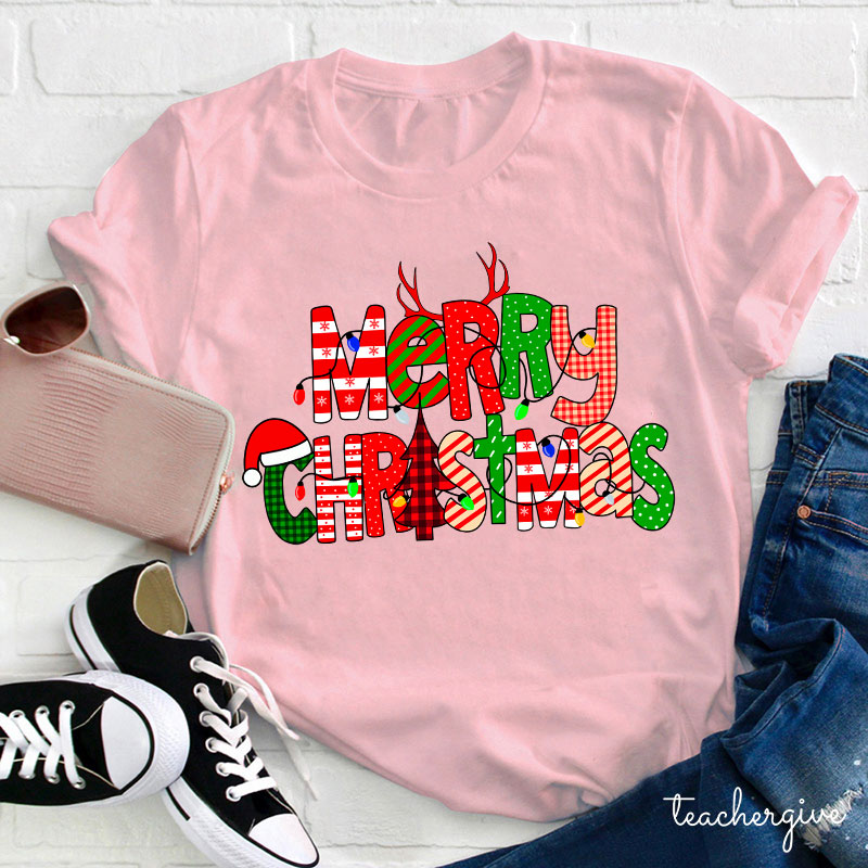 Merry Christmas With Rich Pattern Teacher T-Shirt
