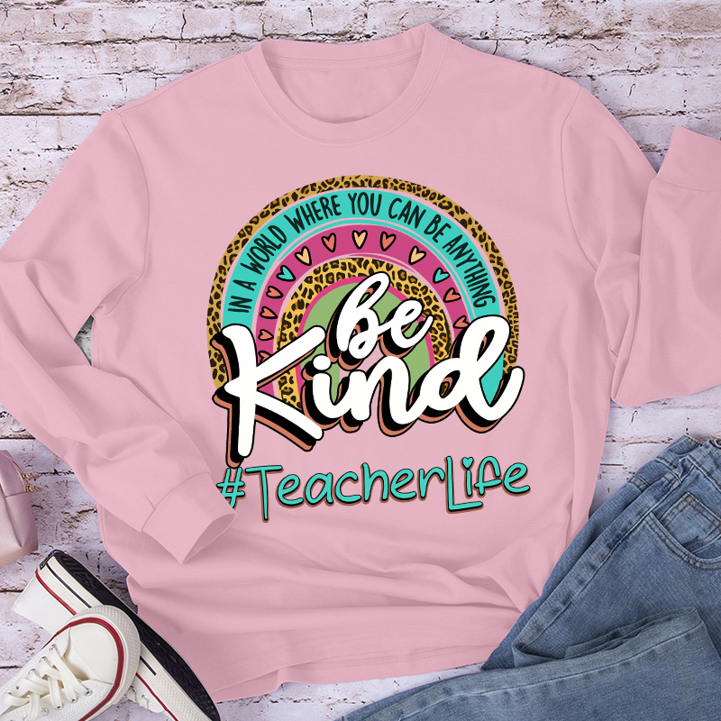 Be Kind Leopard Print Rainbow Long Sleeve T-Shirt